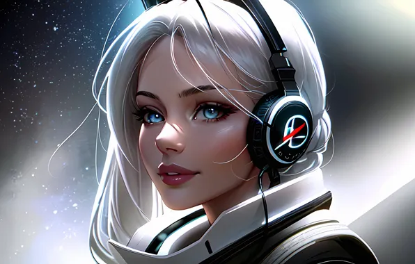 Space, stars, headphones, costume, beautiful girl, blonde hair, charming blonde, AI art