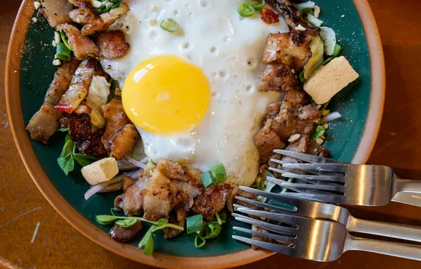 Picture egg, Breakfast, scrambled eggs, bacon, fork, croutons, croutons, crackers