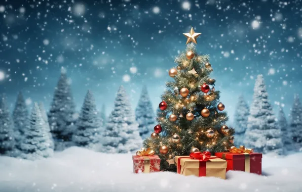Winter, forest, snow, decoration, night, lights, tree, New Year