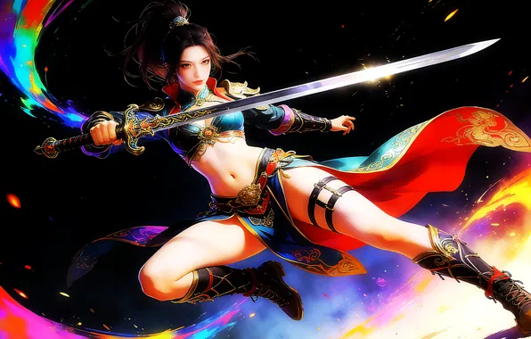 Wallpaper girl, sword, sexy, woman, brunette, asian, boots, ai art