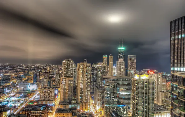 Picture lights, building, Chicago, night city, Chicago, skyscrapers