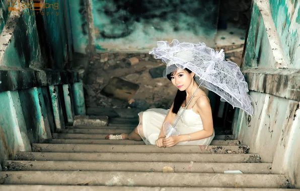 Picture girl, umbrella, stage, Asian