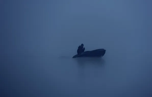 Picture winter, lake, fog, man, motorboat