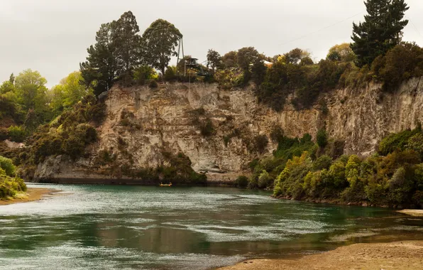 Picture rock, river, shore, vegetation, boat, New Zealand, Waikato
