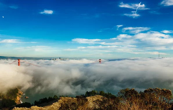 The sky, clouds, bridge, the city, fog, San Francisco, Golden gate
