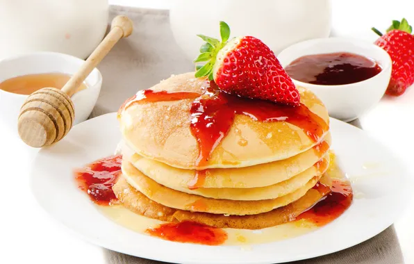 Picture food, strawberry, berry, honey, honey, red, pancakes, jam