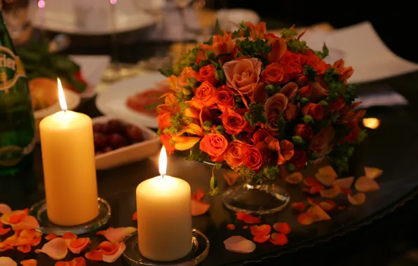 Roses, bouquet, candles, serving