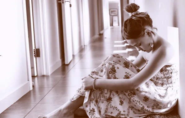 Picture sadness, dress, corridor, girl, monochrome photo