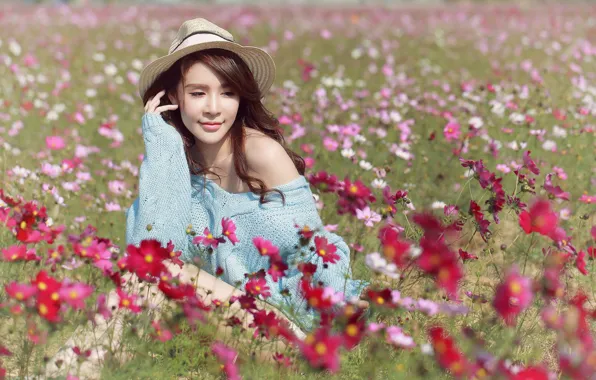 Field, girl, flowers, Asian, bokeh, kosmeya