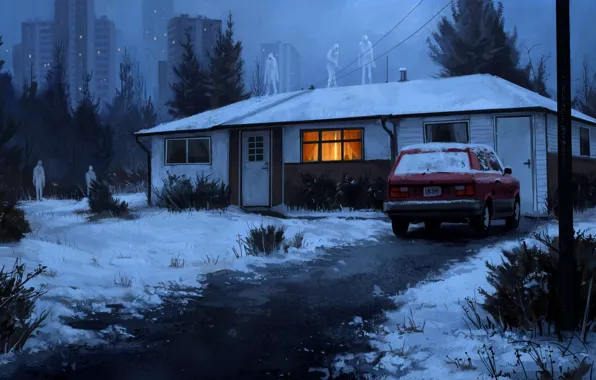 Winter, snow, house, creatures