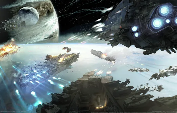 Space, rays, fiction, planet, ships, stars, battle, lasers