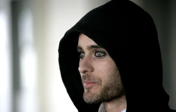 Picture actor, musician, Jared Leto, black hood
