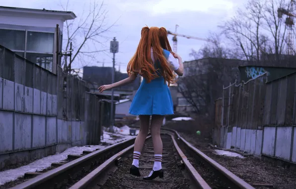Snow, the fence, building, rails, outfit, railroad, image, red