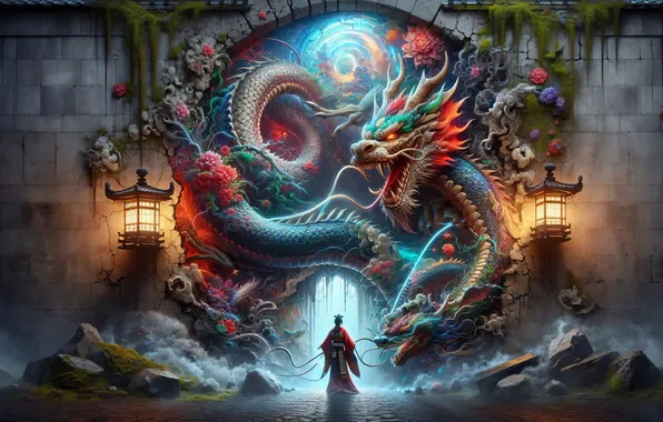 Dragon, the portal, fantasy, Asia, lanterns