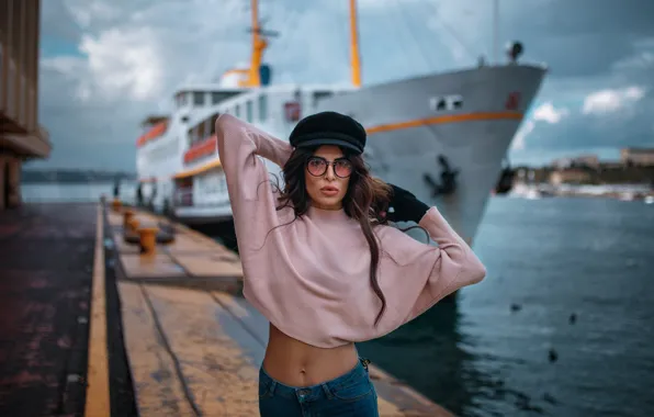 Picture girl, pose, ship, pier, glasses, cap, sweater, Hakan Erenler
