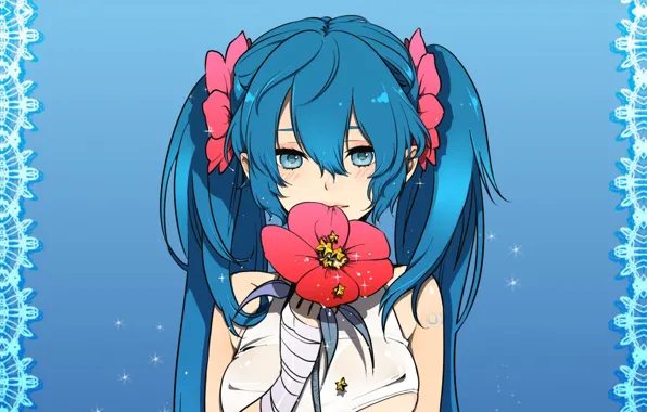 Pattern, vocaloid, Hatsune Miku, stars, Vocaloid, blue hair, blue background, red flower