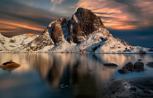 Winter, clouds, light, snow, sunset, mountains, clouds, reflection