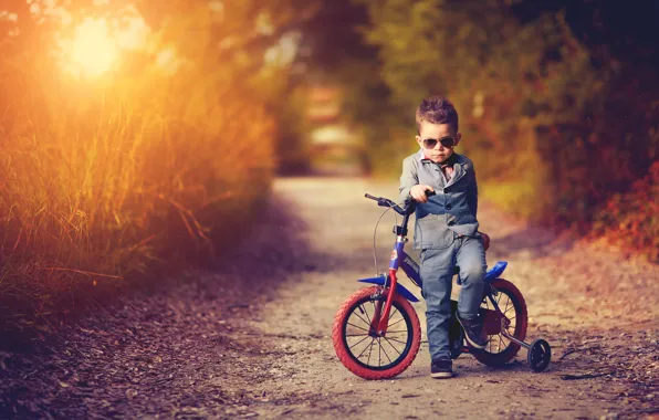 Picture road, sunset, nature, bike, the evening, boy, costume, child