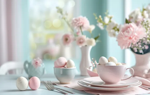 Light, flowers, table, holiday, eggs, bouquet, blur, spring