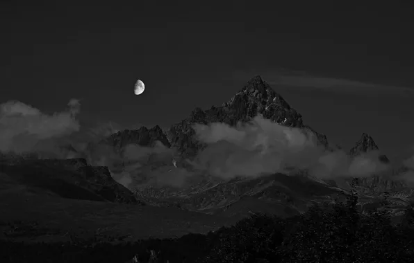 Picture the sky, clouds, mountains, night, nature, rocks, the moon, black and white