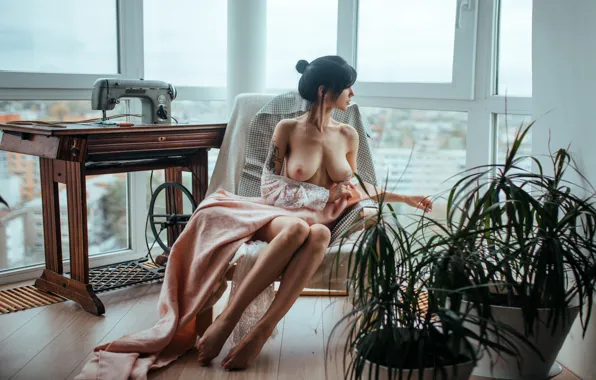 Chest, pose, model, Windows, plants, makeup, figure, brunette