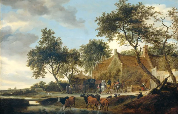 Animals, landscape, house, tree, oil, picture, Coaching Inn, Salomon van Ruisdael
