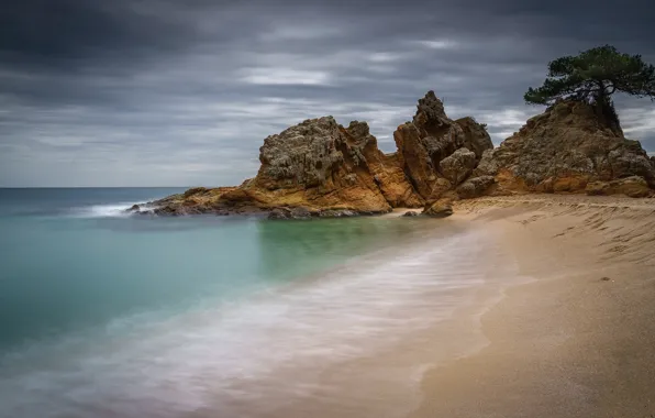 Sand, sea, beach, the sky, clouds, overcast, rocks, shore