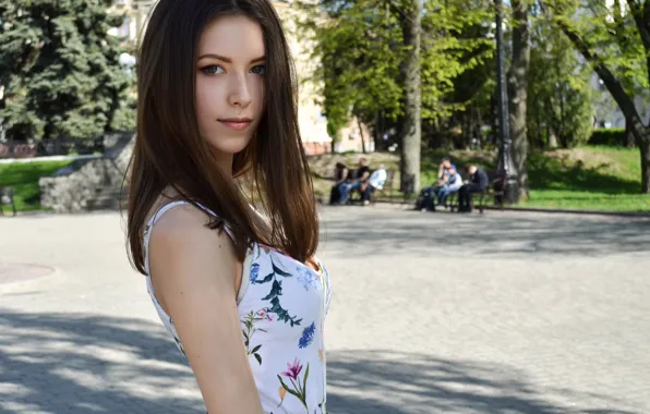 Girl, green eyes, long hair, dress, photo, model, brunette, portrait