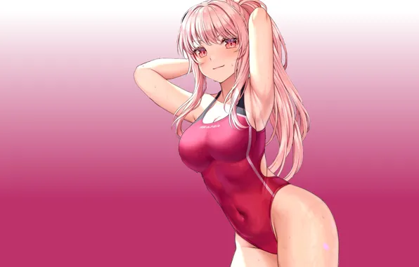 Girl, sexy, Anime, boobs, pink, swimsuit, breasts, armpit