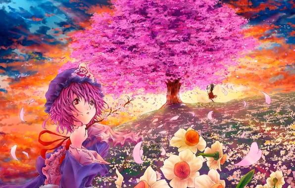 The sky, clouds, flowers, girls, tree, anime, petals, Sakura