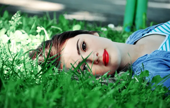 Picture look, girl, green grass, hair, makeup, red lips