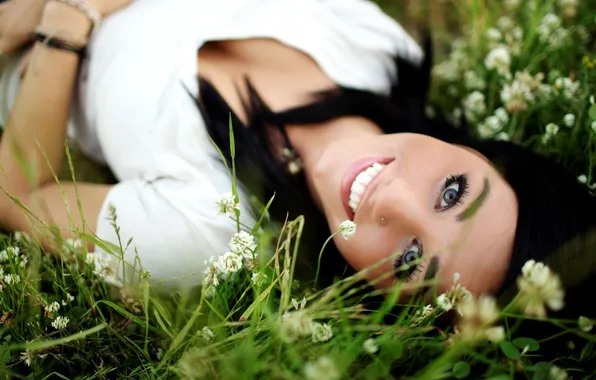 Grass, smile, brunette, look, pretty girl