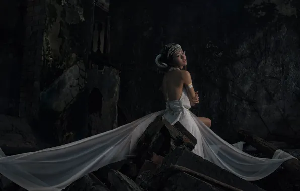 Look, girl, face, darkness, the dark background, back, horns, ruins