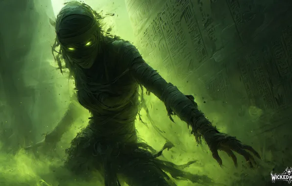Picture claws, horror, undead, mummy, burning eyes, rags, green light, black magic