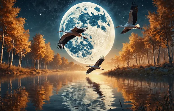 Autumn, forest, trees, flight, landscape, birds, night, nature