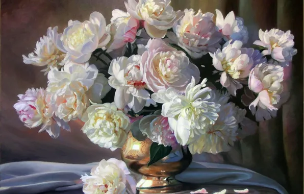 Flowers, bouquet, picture, petals, fabric, vase, white, still life