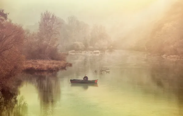Fog, river, boat, fisherman