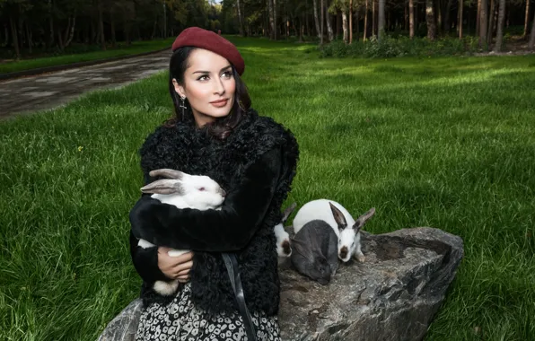 Picture Girl, Grass, Face, Girl, Stone, Rabbits, Brunette, Earrings