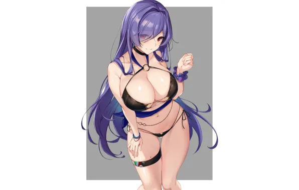 Girl, sexy, Anime, boobs, pretty, bikini, black bikini, bending forward