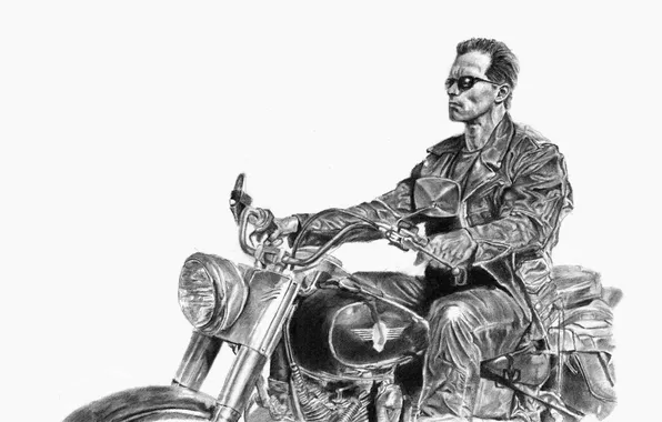 Picture monochrome, artwork, drawing, cyborg, Arnold Schwarzenegger, vehicle, Terminator 2, white background