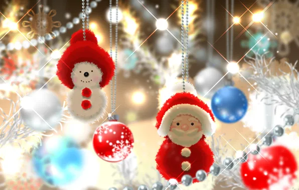 Toys, new year, art, beads, snowman, tree, Santa Claus