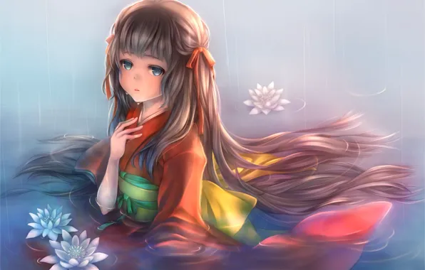 Water, girl, flowers, anime, tears, art, kimono, piyo7piyo9