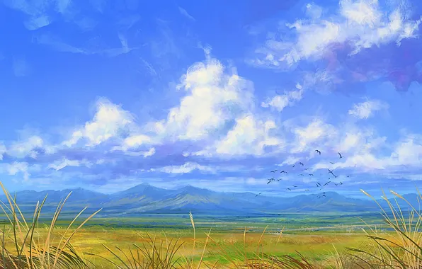 Clouds, mountains, birds, the wind, art, painted landscape