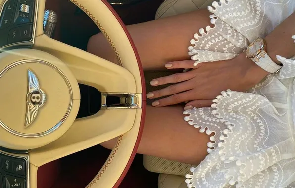 Auto, girl, feet, watch, Bentley, the wheel, white dress, manicure