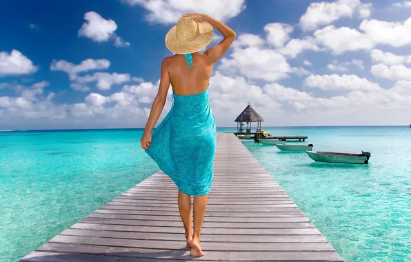 Sea, beach, summer, girl, shore, hat, PAREO