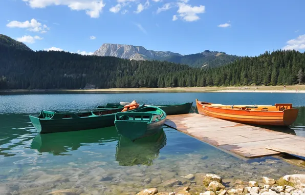 Picture shore, boats, beautiful, background., Montenegro, black lake