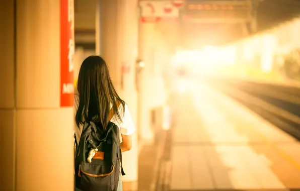 Picture girl, station, backpack, happy journey