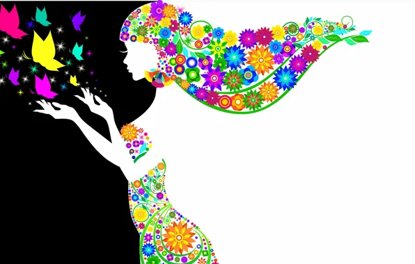 Girl, butterfly, flowers, white, hair, hands, dress, black