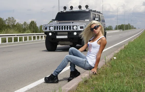 Picture road, greens, auto, the sky, look, girl, Girls, glasses