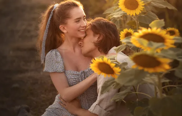 Summer, girl, happiness, sunflowers, nature, smile, photo, pair